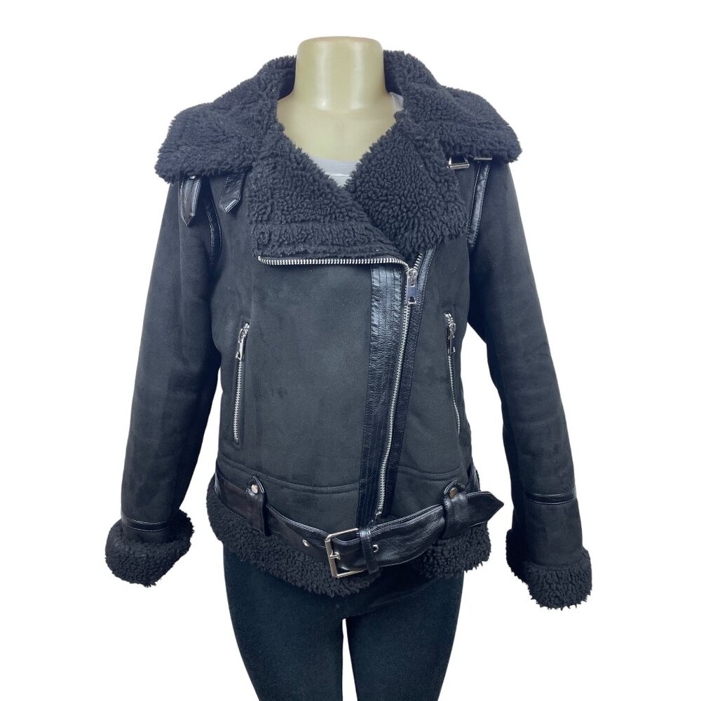 Zara Womens Black Moto Jacket With Belted Waist & Zipper Details Size L